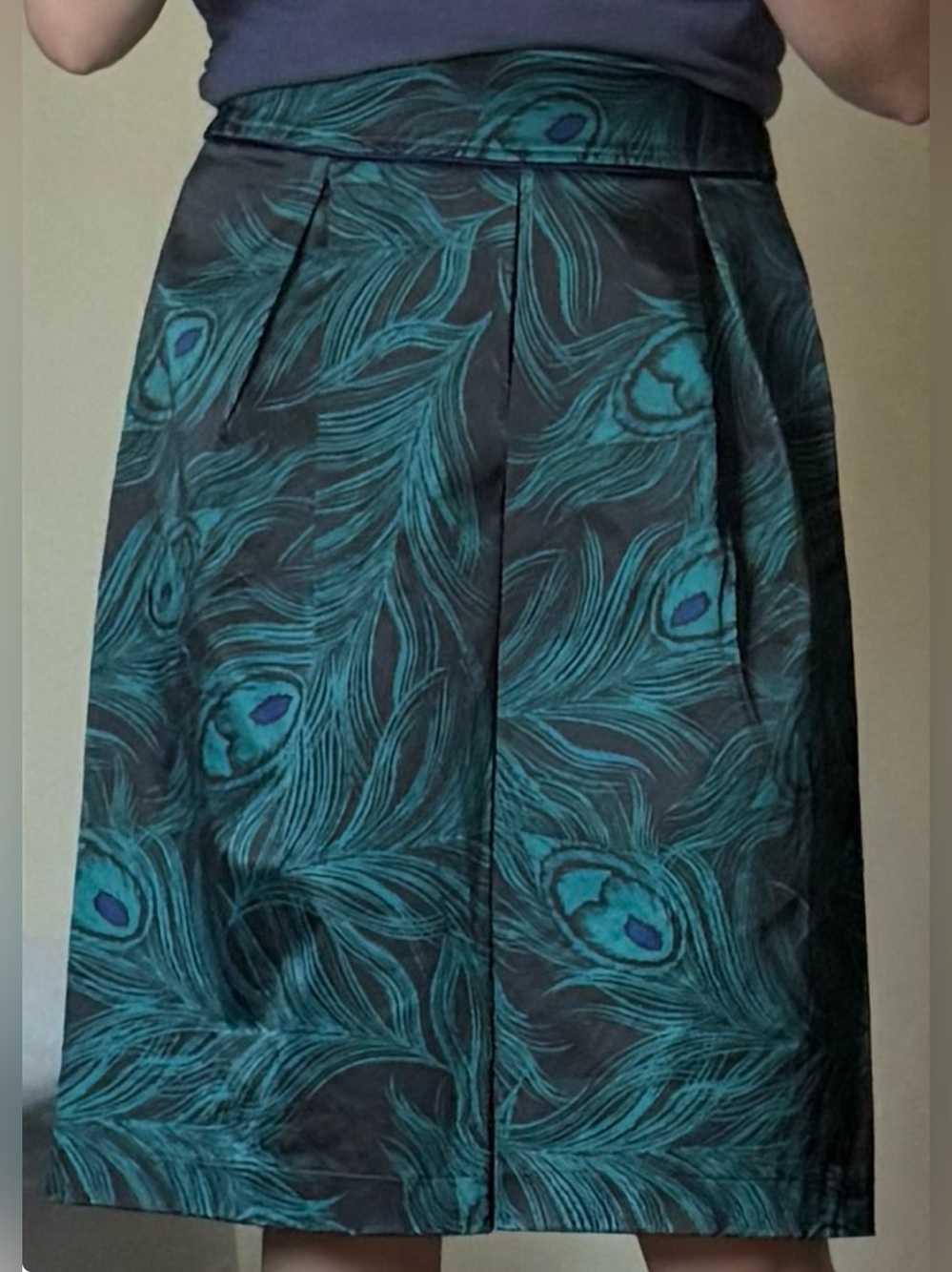 East 5th Pleated A-line Skirt with Teal Peacock Feather Print Size 6